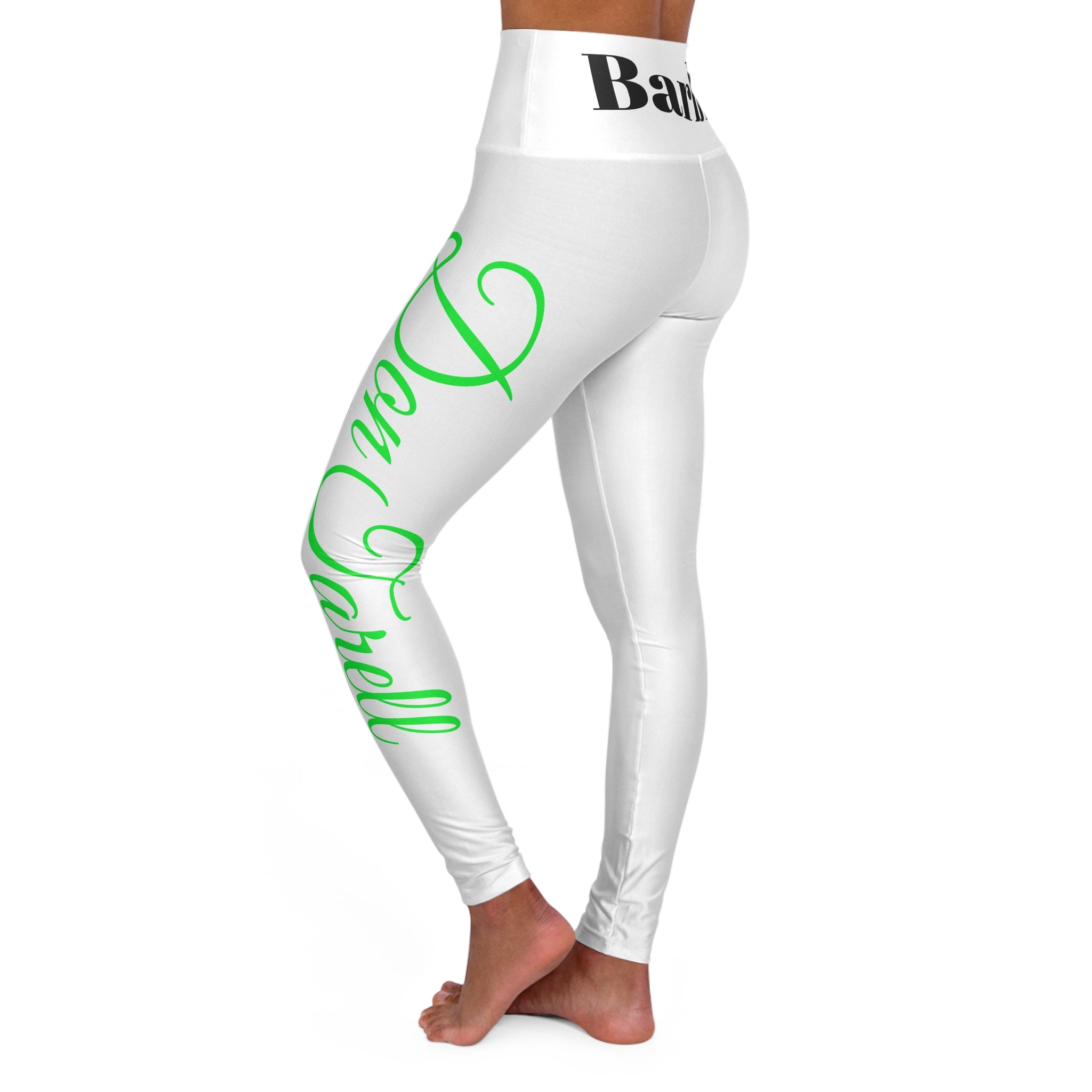 Barbie Yoga Leggings — White w/ Lime & Black Script