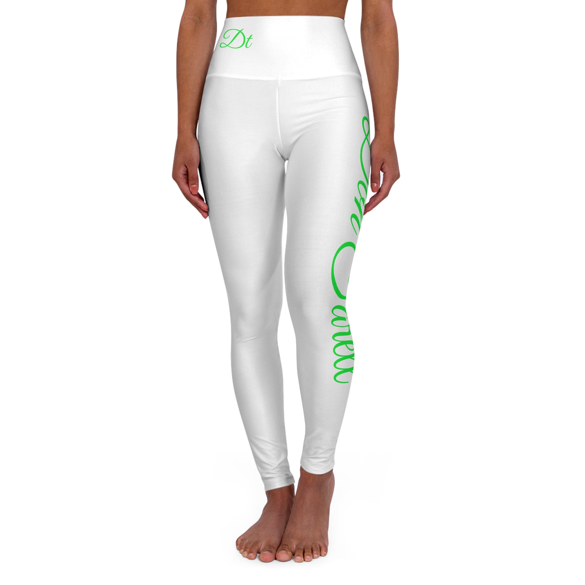 Barbie Yoga Leggings — White w/ Lime & Black Script