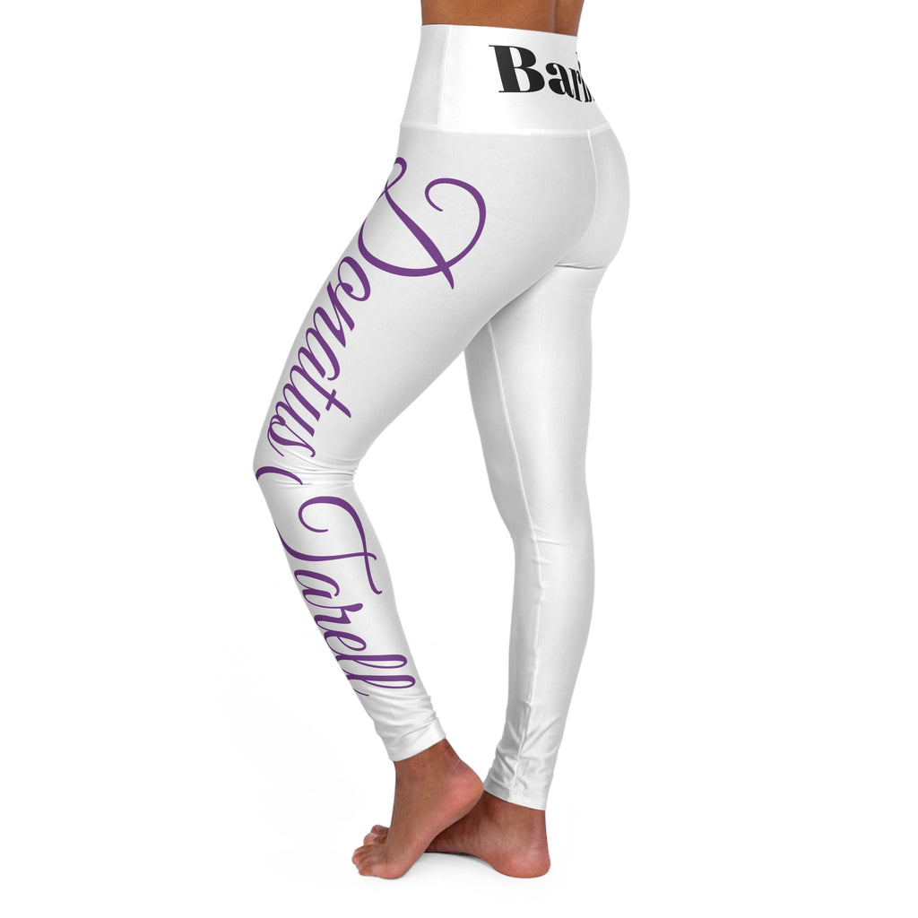 Barbie Yoga Leggings — White w/ Purple & Black Script