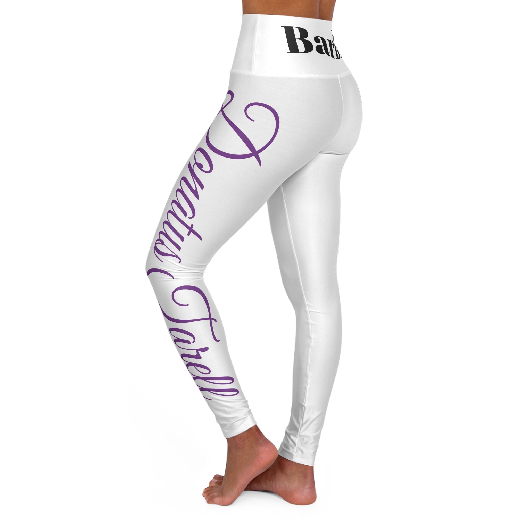 Barbie Yoga Leggings — White w/ Purple & Black Script