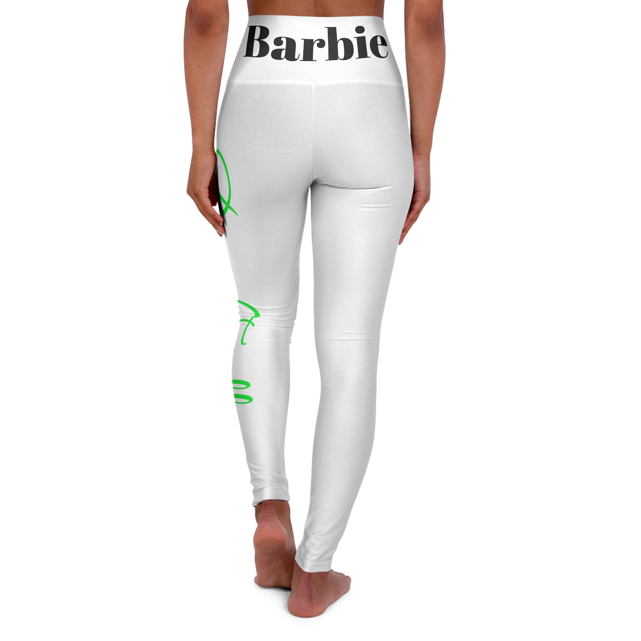 Barbie Yoga Leggings — White w/ Lime & Black Script