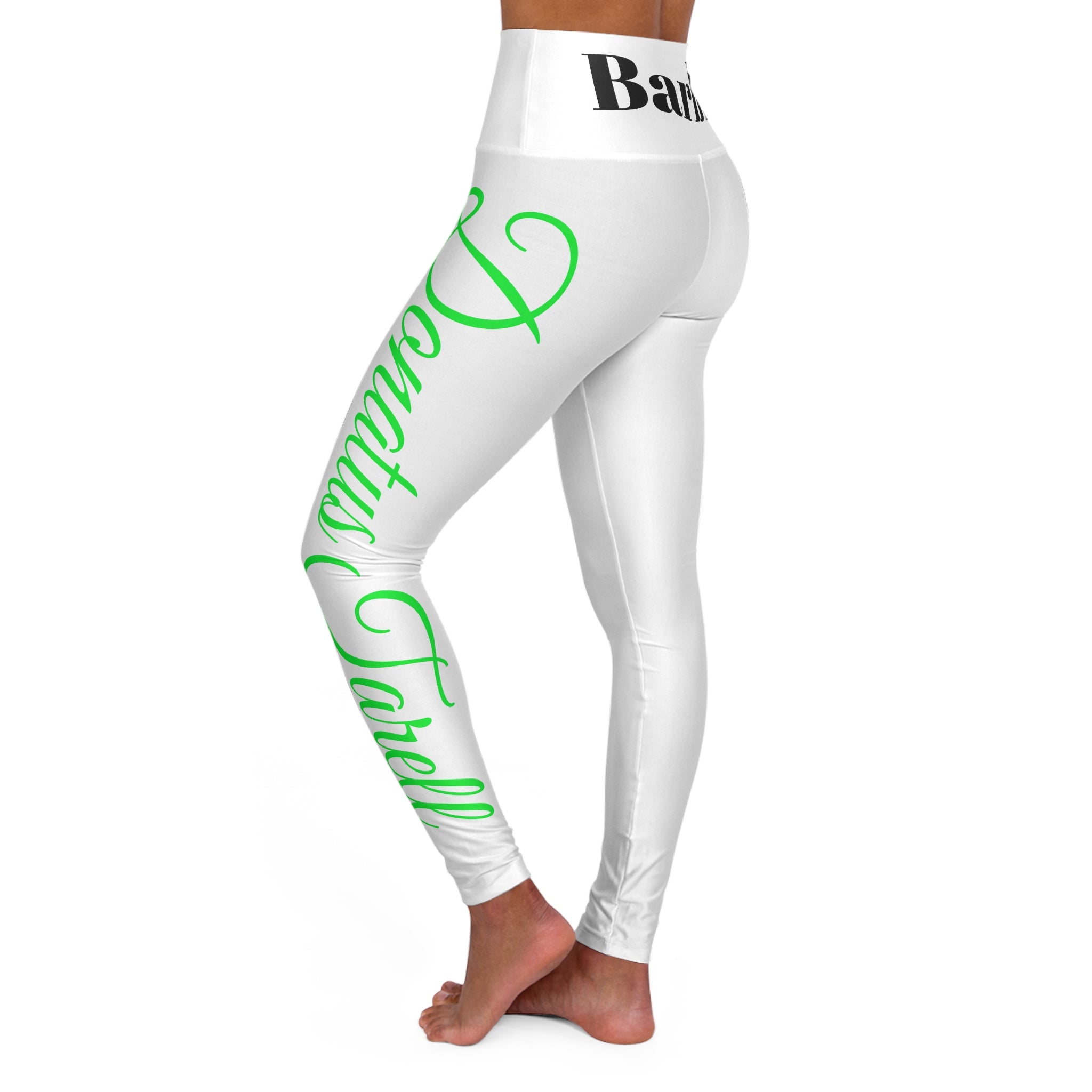 Barbie Yoga Leggings — White w/ Lime & Black Script