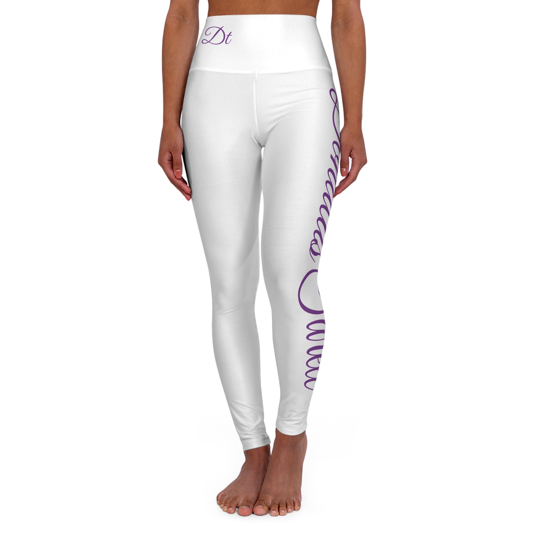 Barbie Yoga Leggings — White w/ Purple & Black Script
